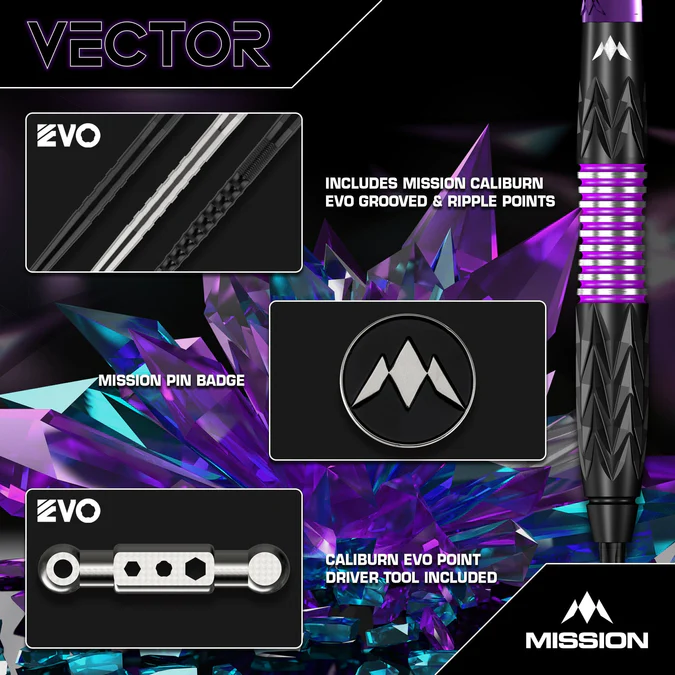 Mission Vector 95% Tungsten Darts - Black PVD/Purple - Steeldart