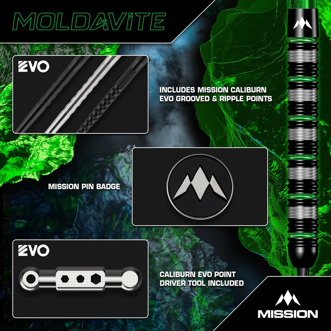 Mission Moldavite 95% Tungsten Darts - Black/Green - Steeldart