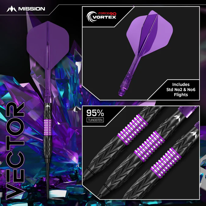 Mission Vector 95% Tungsten Darts - Black PVD/Purple - Steeldart