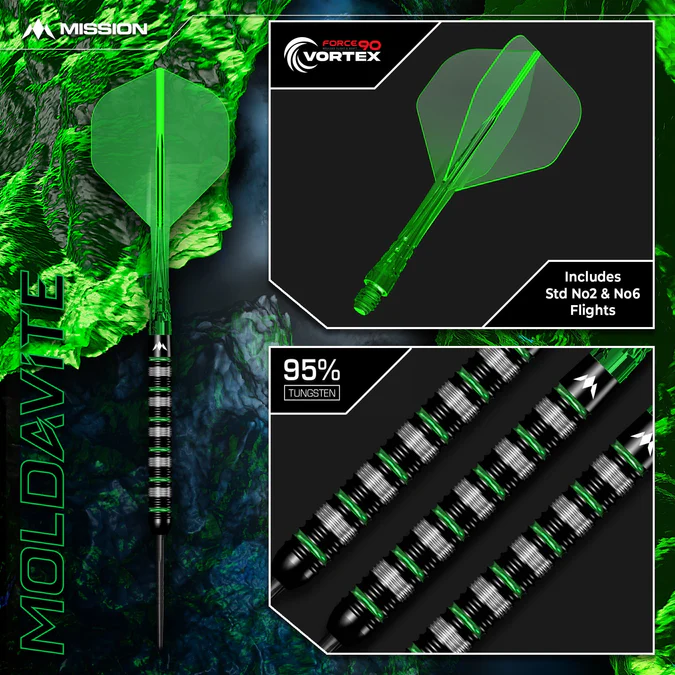 Mission Moldavite 95% Tungsten Darts - Black/Green - Steeldart